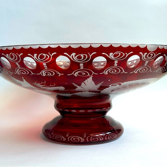 Vintage Egermann Bohemian Ruby Cut to Clear Glass Centerpiece Bowl Czech Glass - Picture 4 of 5